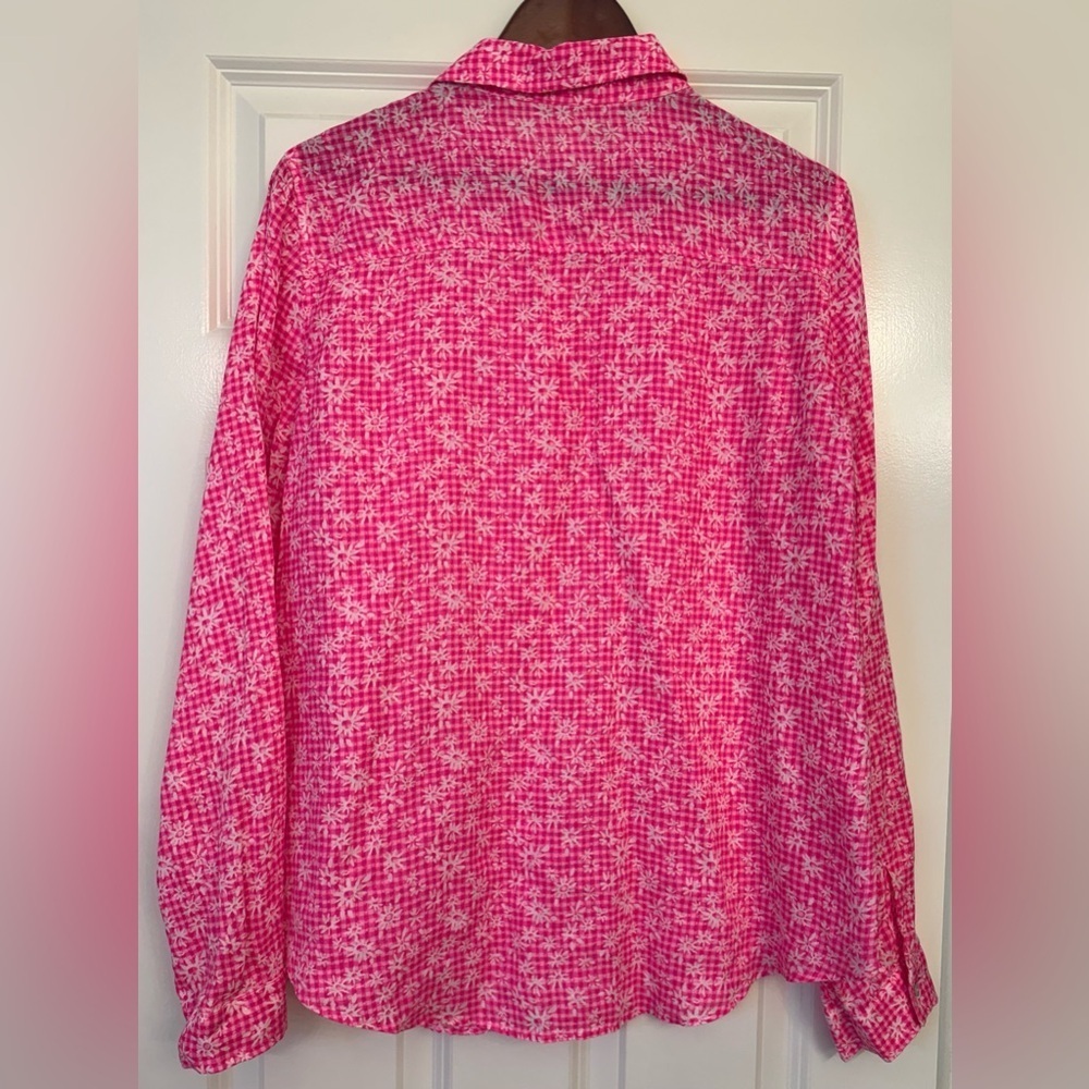 Lilly Pulitzer Sea View linen button-down shirt pink gingham floral Size XL - Picture 2 of 9
